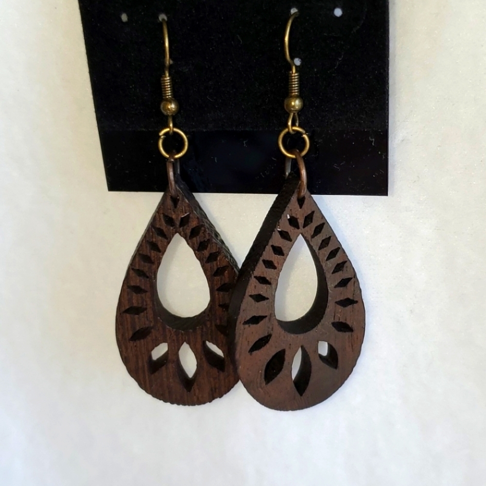 Womens dark wood oval hook earrings